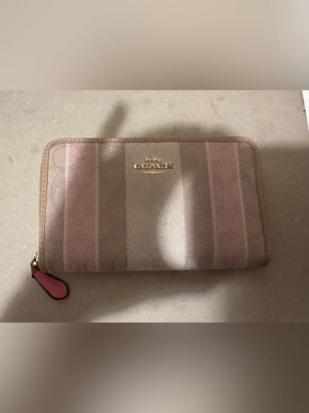 GUC Coach Medium Zip Wallet-Taupe, White, Pink with Pink Interior